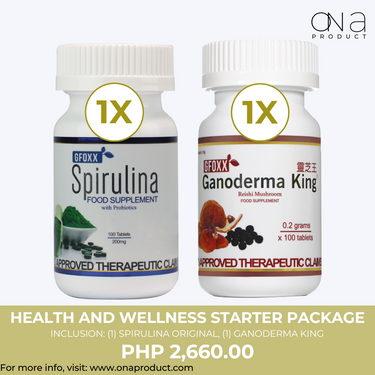 Health and Wellness Starter Package with Spirulina and Ganoderma King supplements.